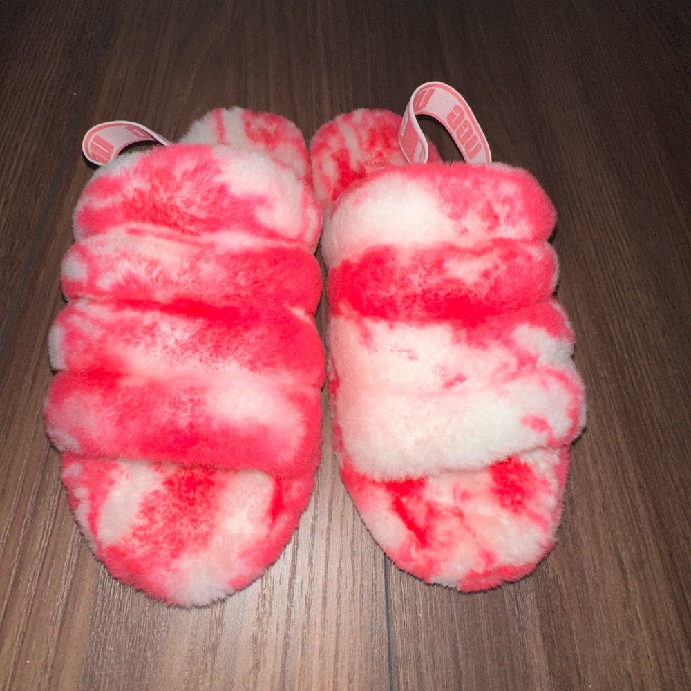 UGG Vibrant Pink and White Fluffy Slides